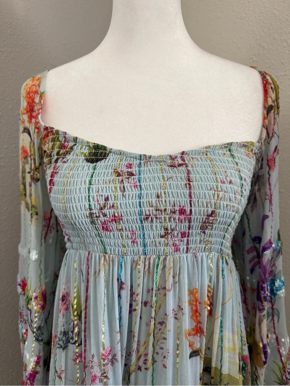 Anthropologie Hemant & Nandita Floral Sequin Off Shoulder Mini Dress XS Boho